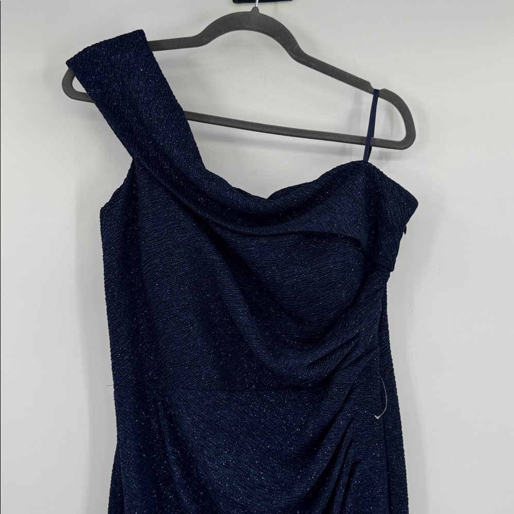 Eliza J Navy Blue Metallic Off The Shoulder Elegant Formal NWT Gown Size 16 - Picture 3 of 12